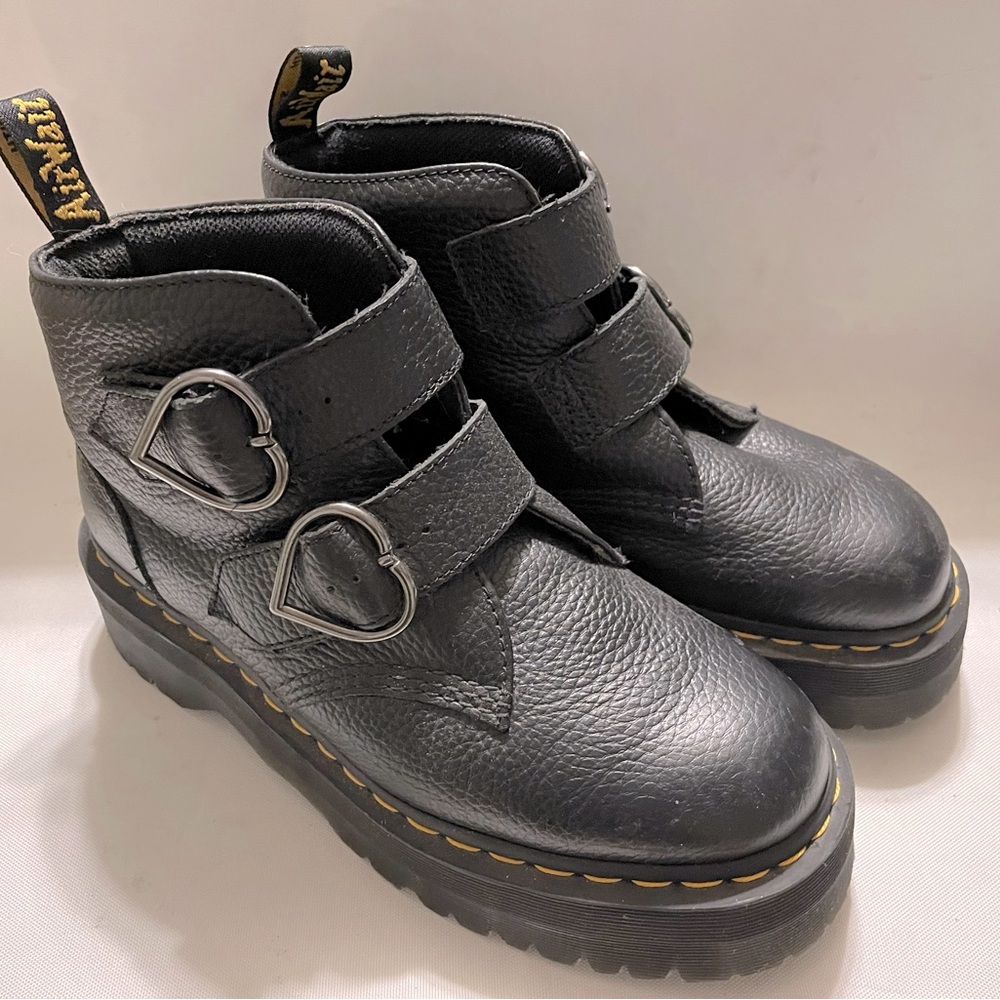 Dr. Martens Black Leather Boots with Heart Buckles